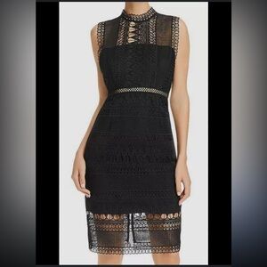 Bardot Mock Neck Sheer Lace Back Zip Sheath Dress Size 12(XL) Black